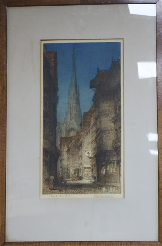 Clifford R. James after George Morland, pair coloured mezzotints, The Market Cart & The Happy Cottages and pair etchings by Alphege